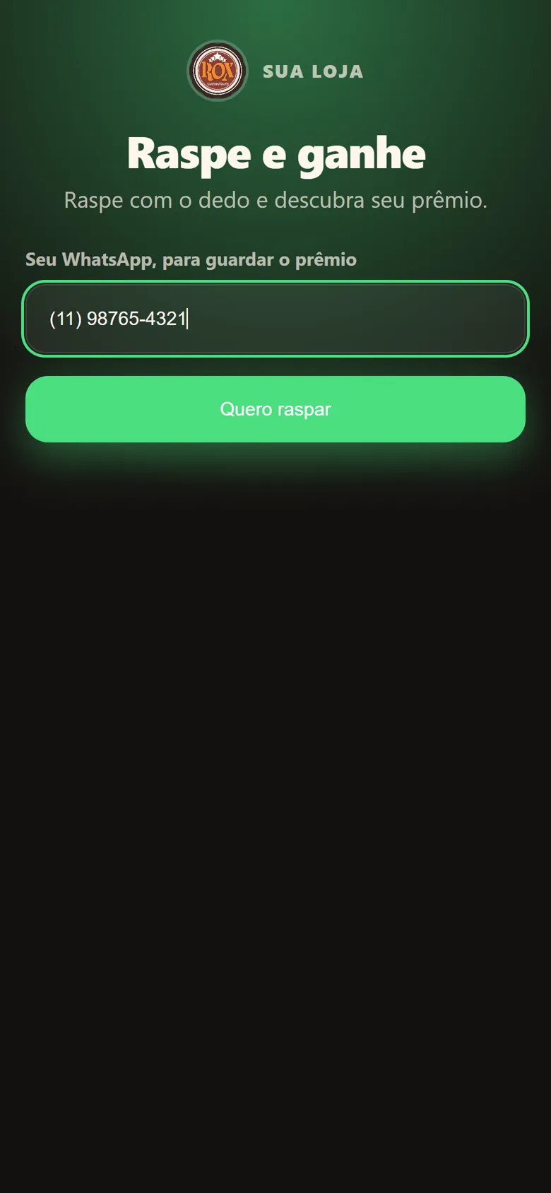 Página da raspadinha no celular pedindo o WhatsApp do cliente
