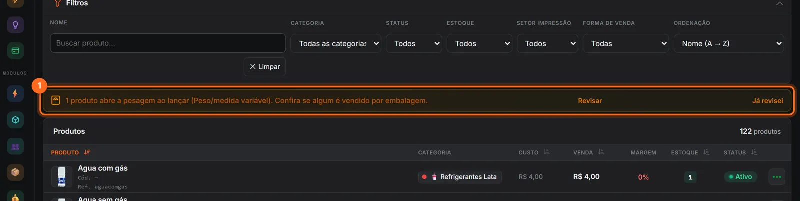 Lista de produtos com o aviso de produtos que abrem a pesagem e os links Revisar e Já revisei