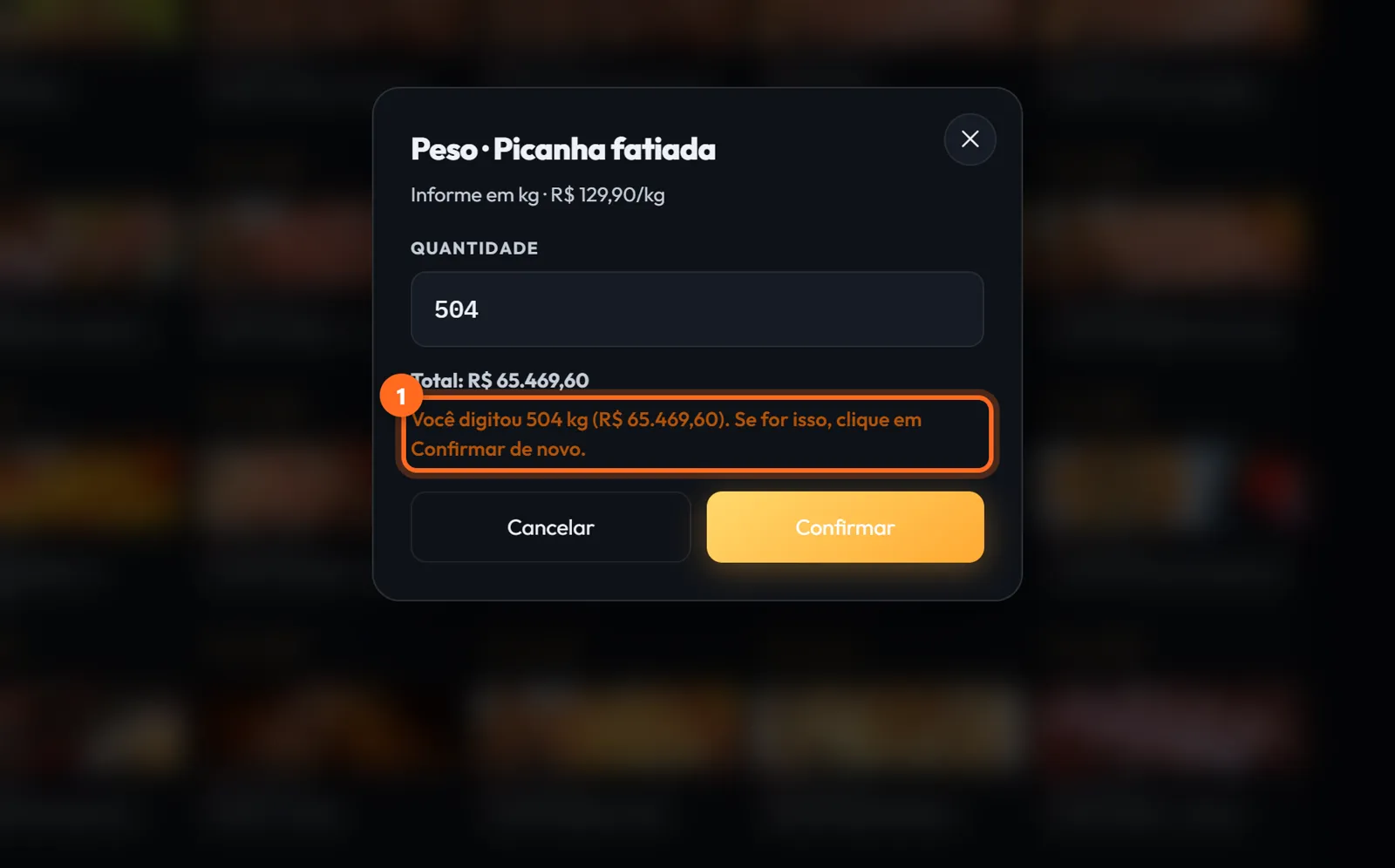 Aviso Você digitou 504 kg com o valor de R$ 65.469,60 pedindo para confirmar de novo