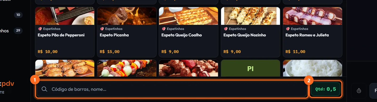 Busca do PDV com o indicador de quantidade em 0,5 após digitar 0,500*