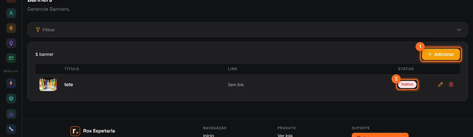 Banners da loja com Adicionar e o status do banner destacados