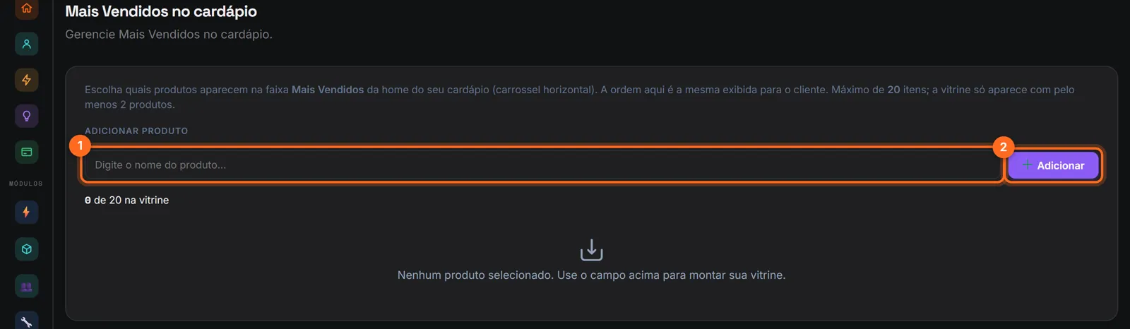 Mais vendidos no cardápio com a busca de produto e o botão Adicionar destacados