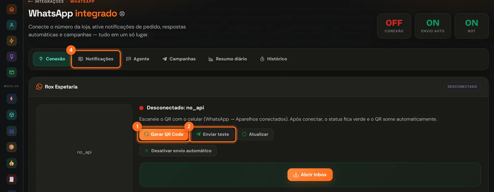 Tela do WhatsApp com Gerar QR Code e Enviar teste destacados