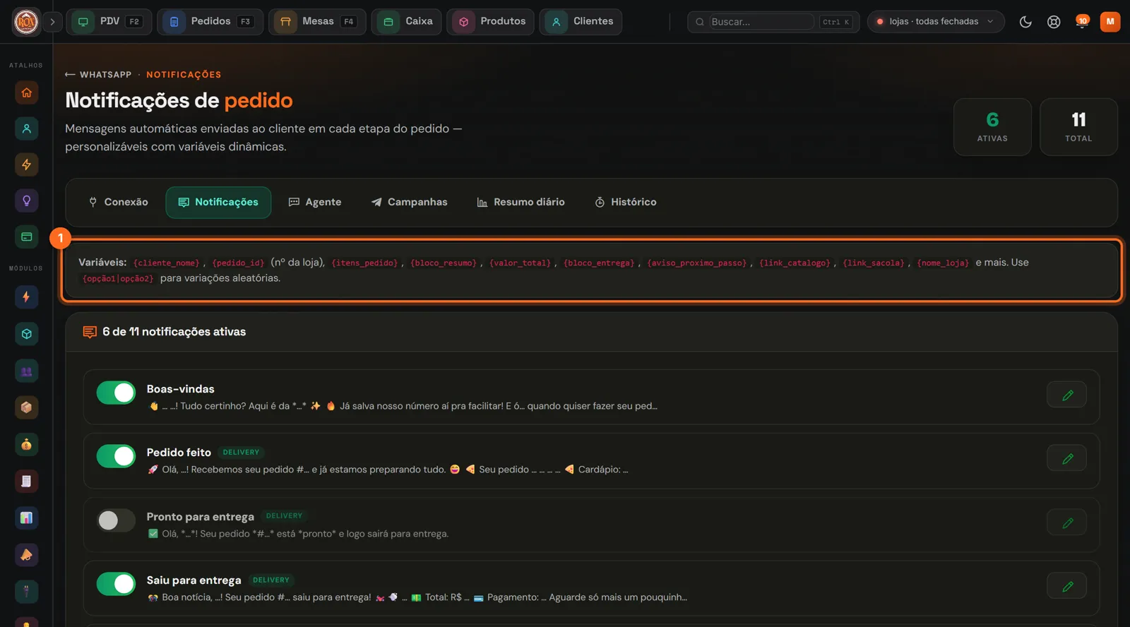 Notificações de pedido com as variáveis e a mensagem Pedido feito destacadas