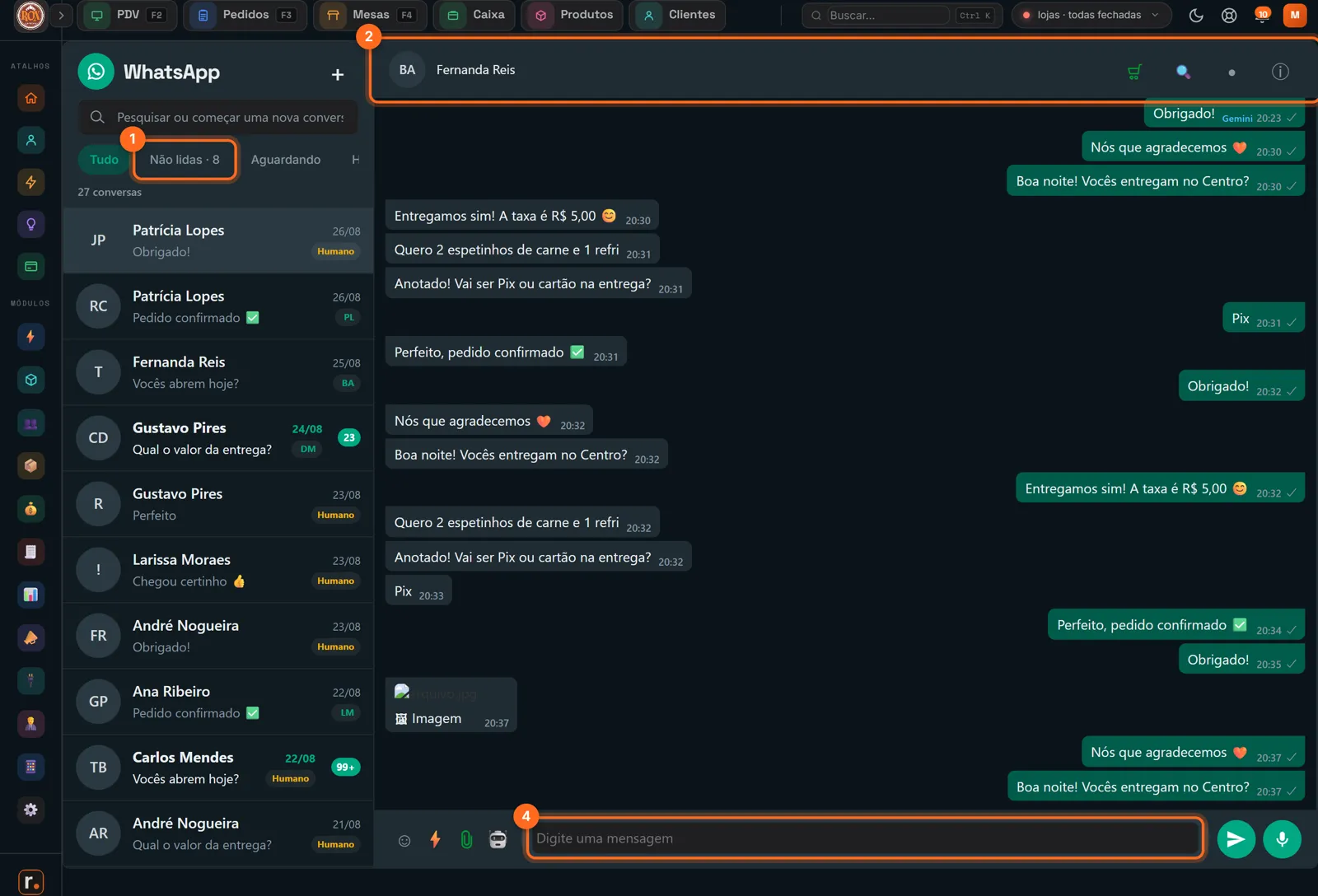 Inbox do WhatsApp com os filtros, o topo da conversa e o campo de mensagem destacados