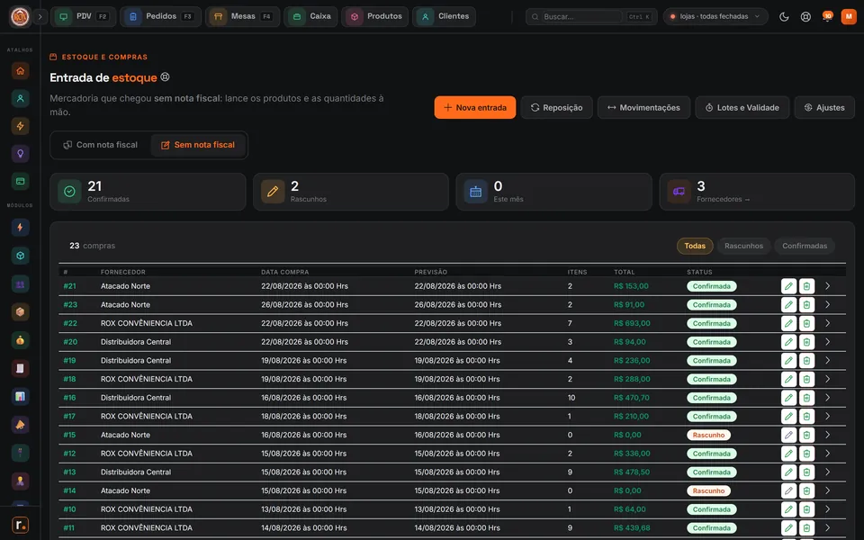 Tela de entrada de estoque do roxPDV com compras por fornecedor, datas, quantidade de itens, totais e status