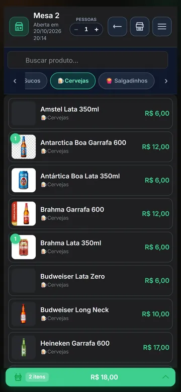 App do garçom no celular lançando cervejas na Mesa 2