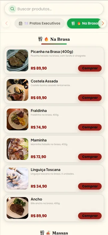 Cardápio digital da churrascaria no celular com cortes na brasa, preços e botão de comprar