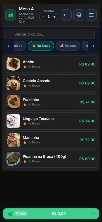 App do garçom no celular com os cortes na brasa da Mesa 4
