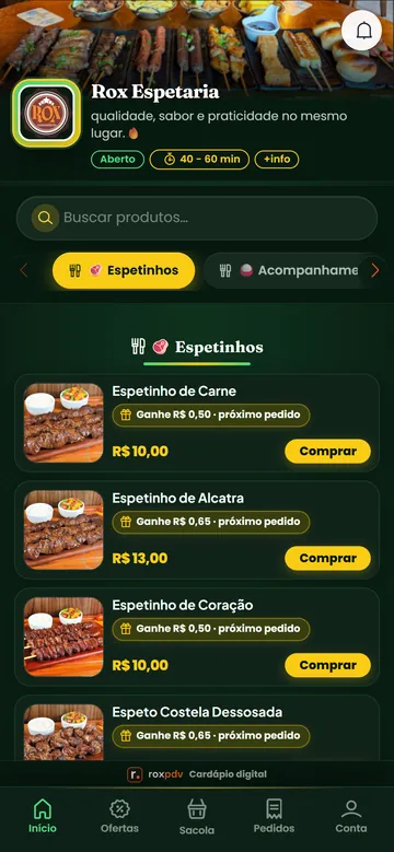 Cardápio digital da ROX Espetaria no celular com espetinhos, preços e botão de comprar