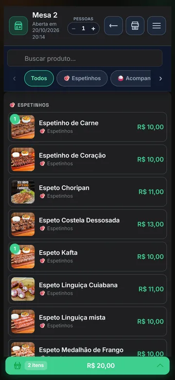 App do garçom no celular lançando espetinhos na Mesa 2
