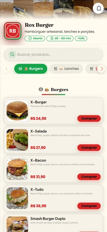 Cardápio digital da lanchonete no celular com lanches, preços e botão de comprar