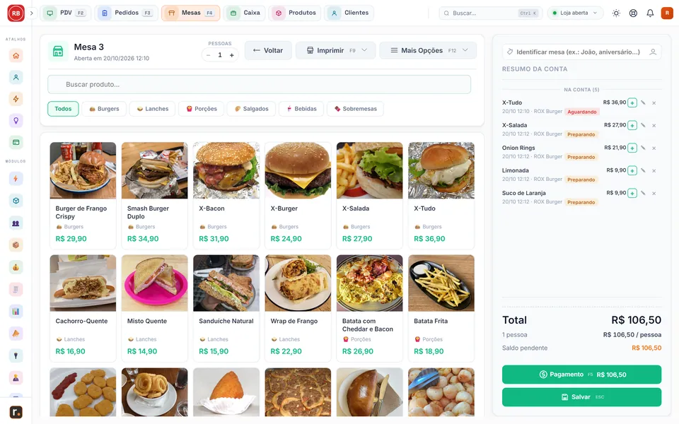 Tela do roxPDV com um pedido aberto: grade de lanches e porções com fotos e o resumo com total à direita