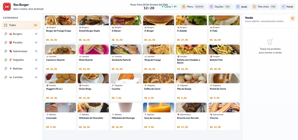 Frente de caixa do roxPDV com grade de lanches, salgados, porções e bebidas com fotos e preços