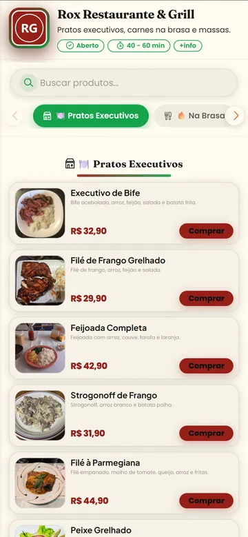 Cardápio digital do restaurante no celular com pratos executivos, preços e botão de comprar