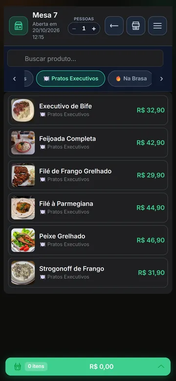 App do garçom no celular com os pratos executivos da Mesa 7